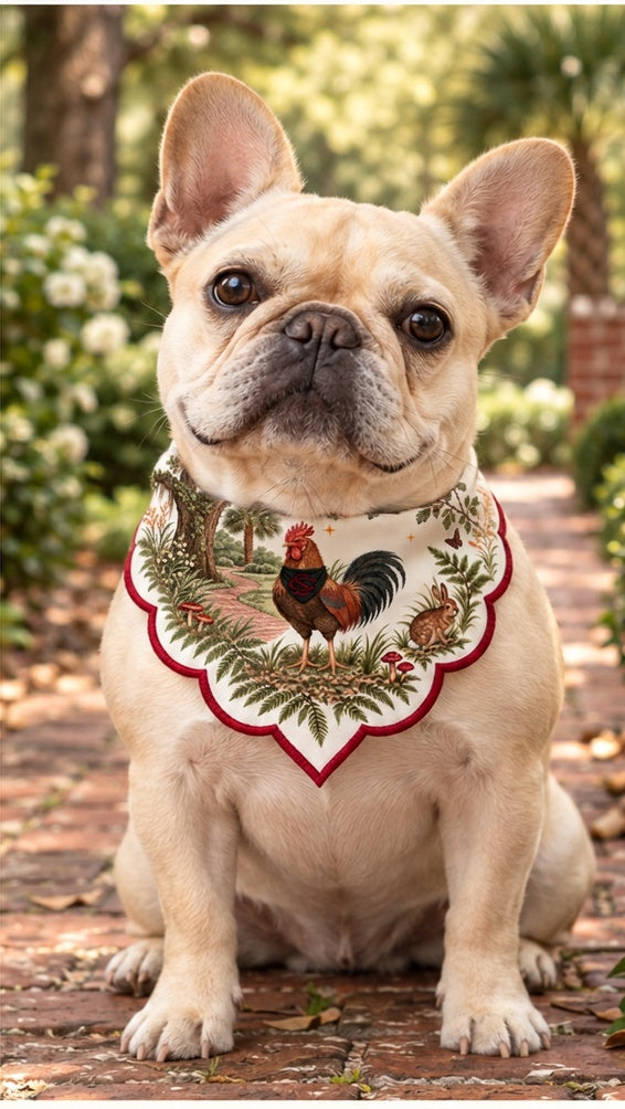 French bulldog wearing the Honey Paw South Carolina bandana with the new Carolina scene and red scalloped border