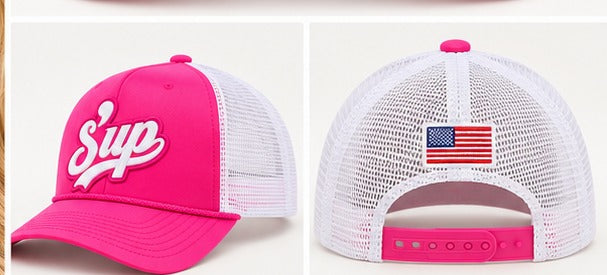 Side and back views of the Honey Lid S'up showing mesh back, flag embroidery and adjustable snapback
