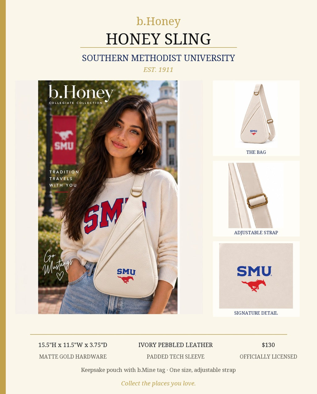 Honey Sling: Southern Methodist University product board with the bag, adjustable strap, signature detail and size details