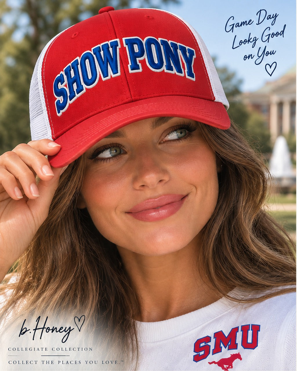 Woman wearing the b.Honey Honey Lid SMU red and white trucker hat with blue SHOW PONY embroidery