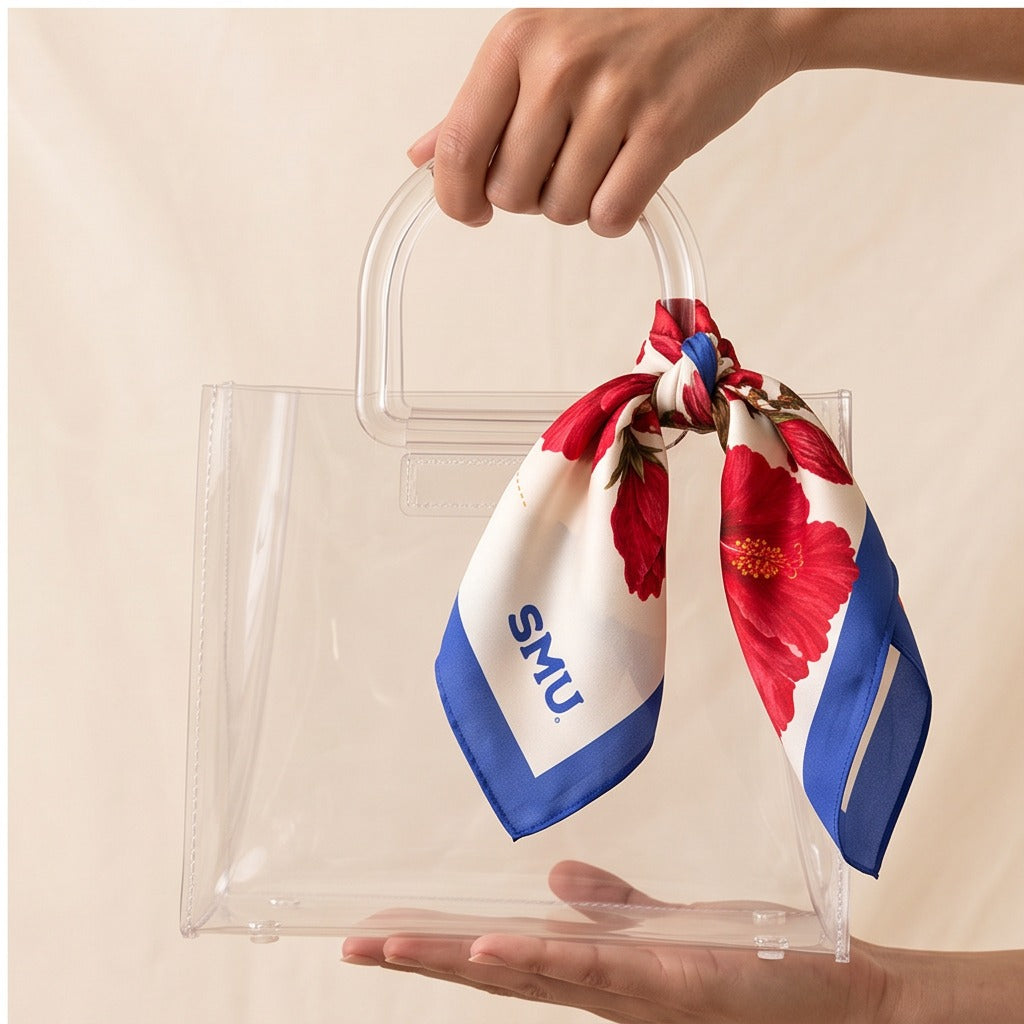 SMU Honey Scarf on lucite handle bag