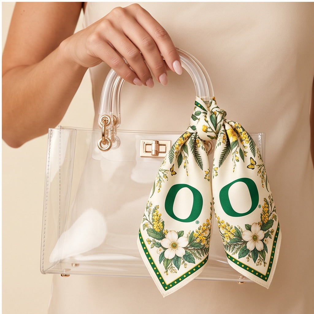 University of Oregon Honey Scarf on lucite handle bag