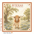 University of Texas Honey Square bandana with Bevo the longhorn in a bluebonnet field, burnt-orange star border, Hook 'Em Horns