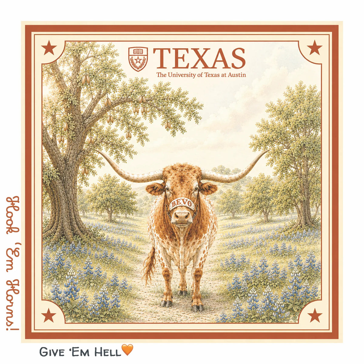 University of Texas Honey Square bandana with Bevo the longhorn in a bluebonnet field, burnt-orange star border, Hook 'Em Horns